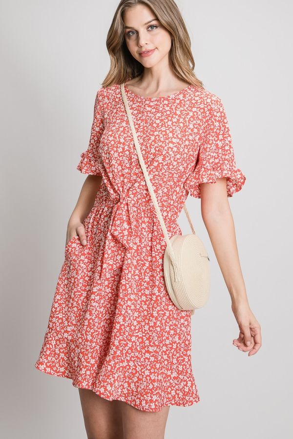 Woven Print Flutter Dress with Front Tie Detail