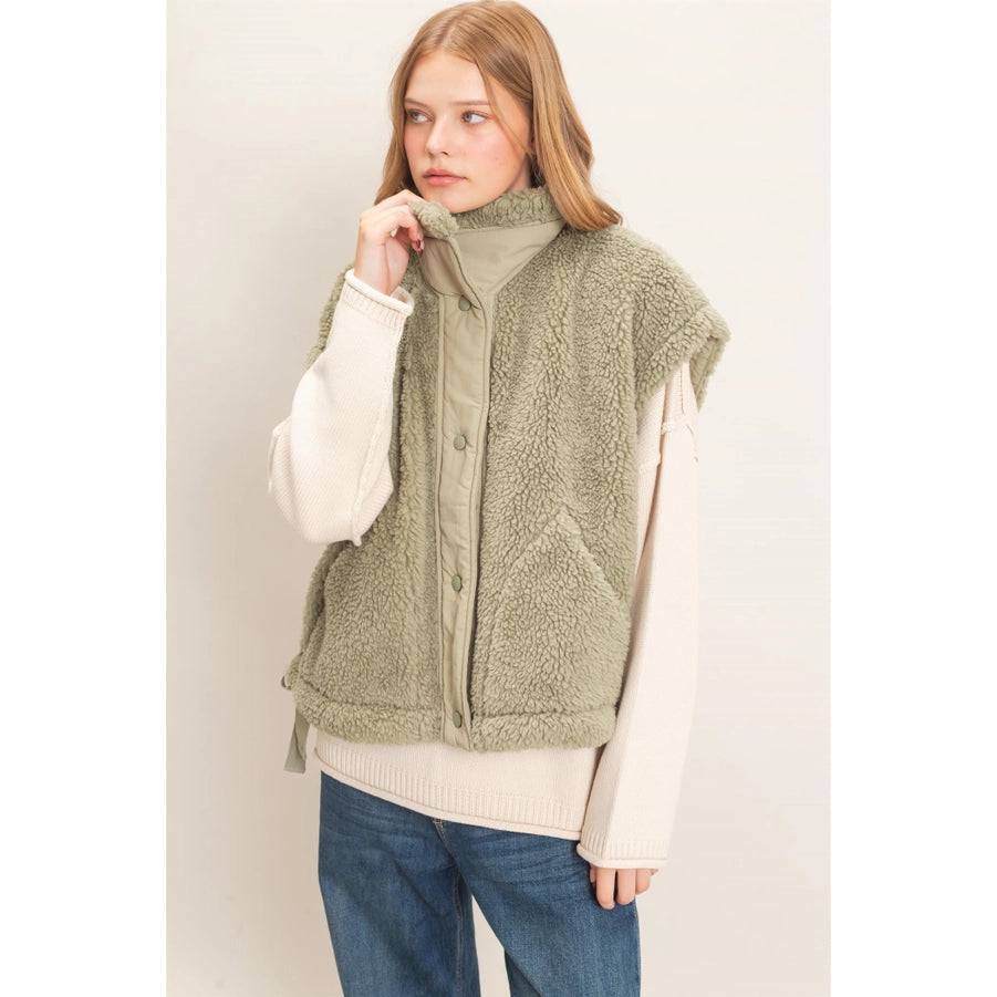 SHERPA VEST WITH SNAP CLOSURE-OLIVE