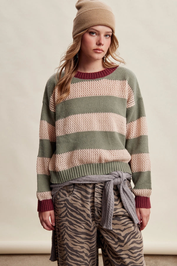TEXTURED STRIPE KNIT SWEATER-GREEN