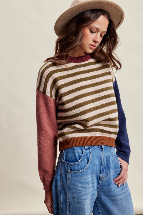 COLORBLOCK STRIPE KNIT SWEATER-OLIVE MULTI
