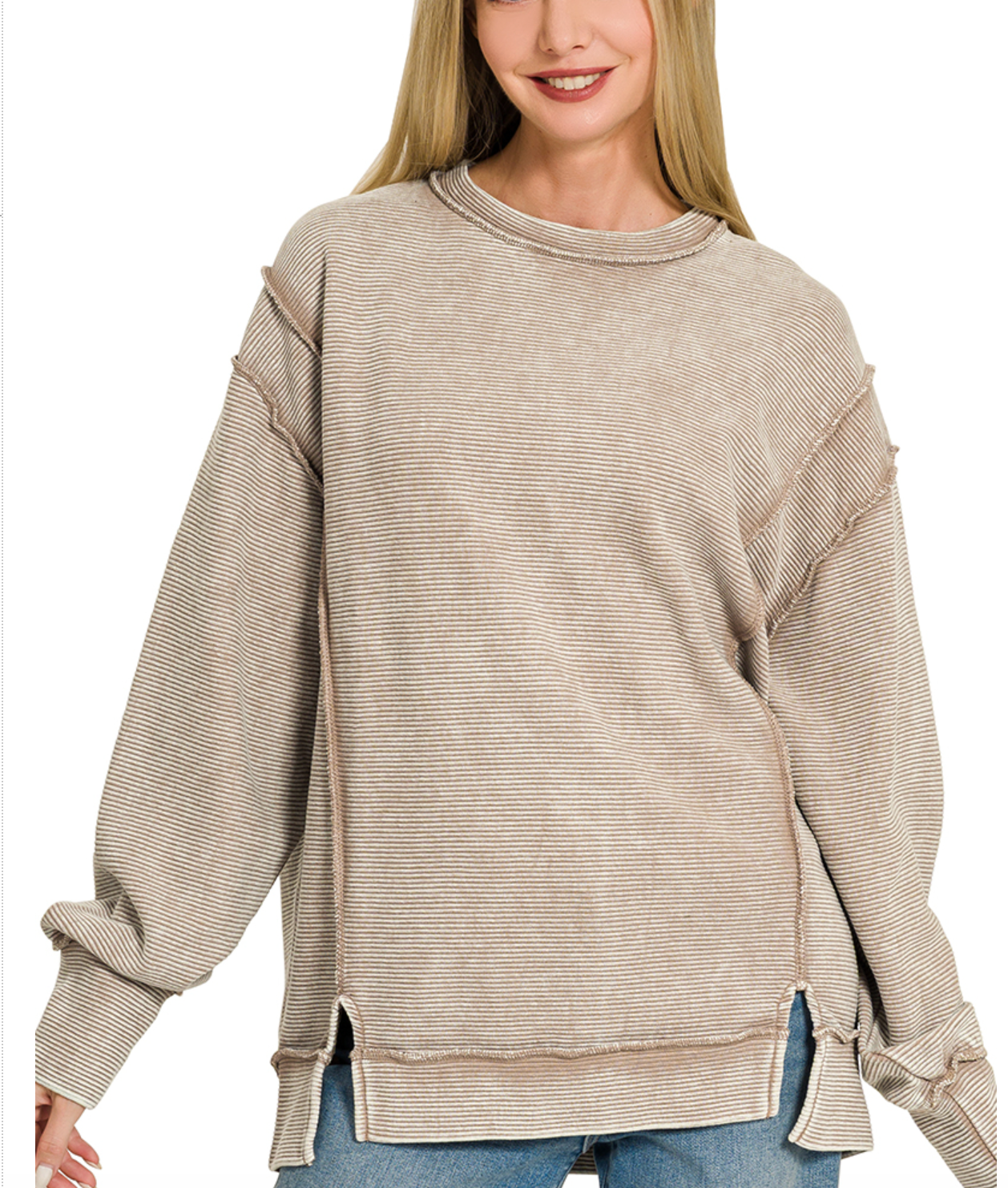 Acid washed double ribbed exposed-seam pullover