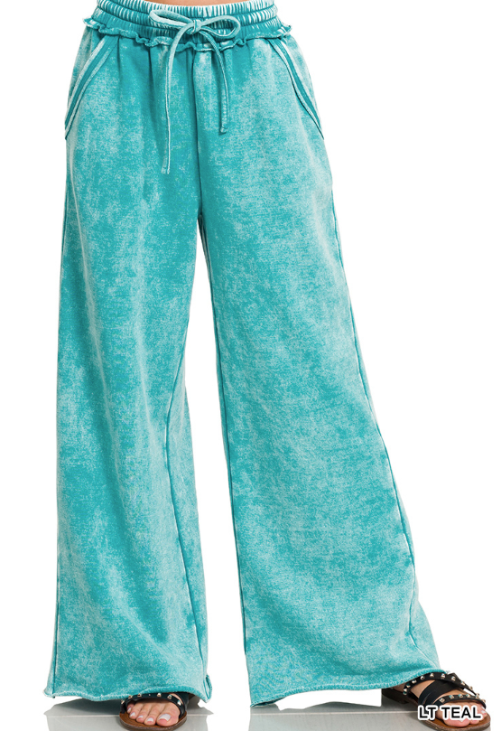Acid wash fleece palazzo sweatpants with pockets