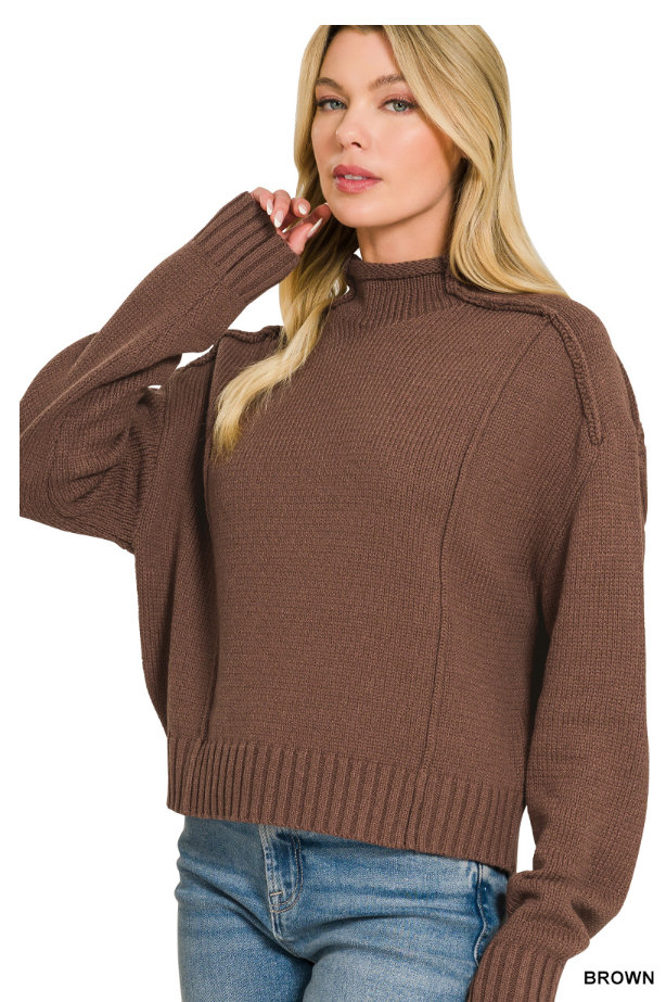 MOCK NECK EXPOSED SEAM LOW GAUGE SWEATER-BROWN
