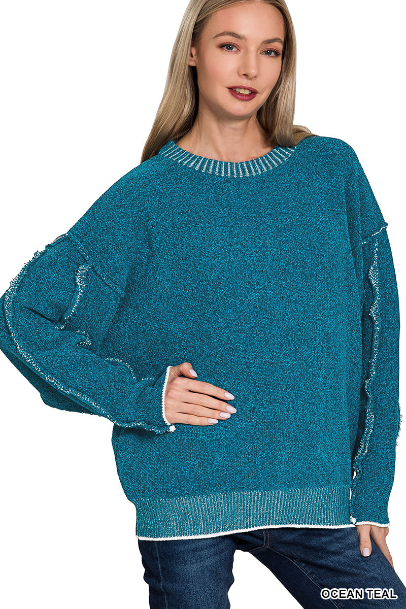 Exposed seam chenille sweater