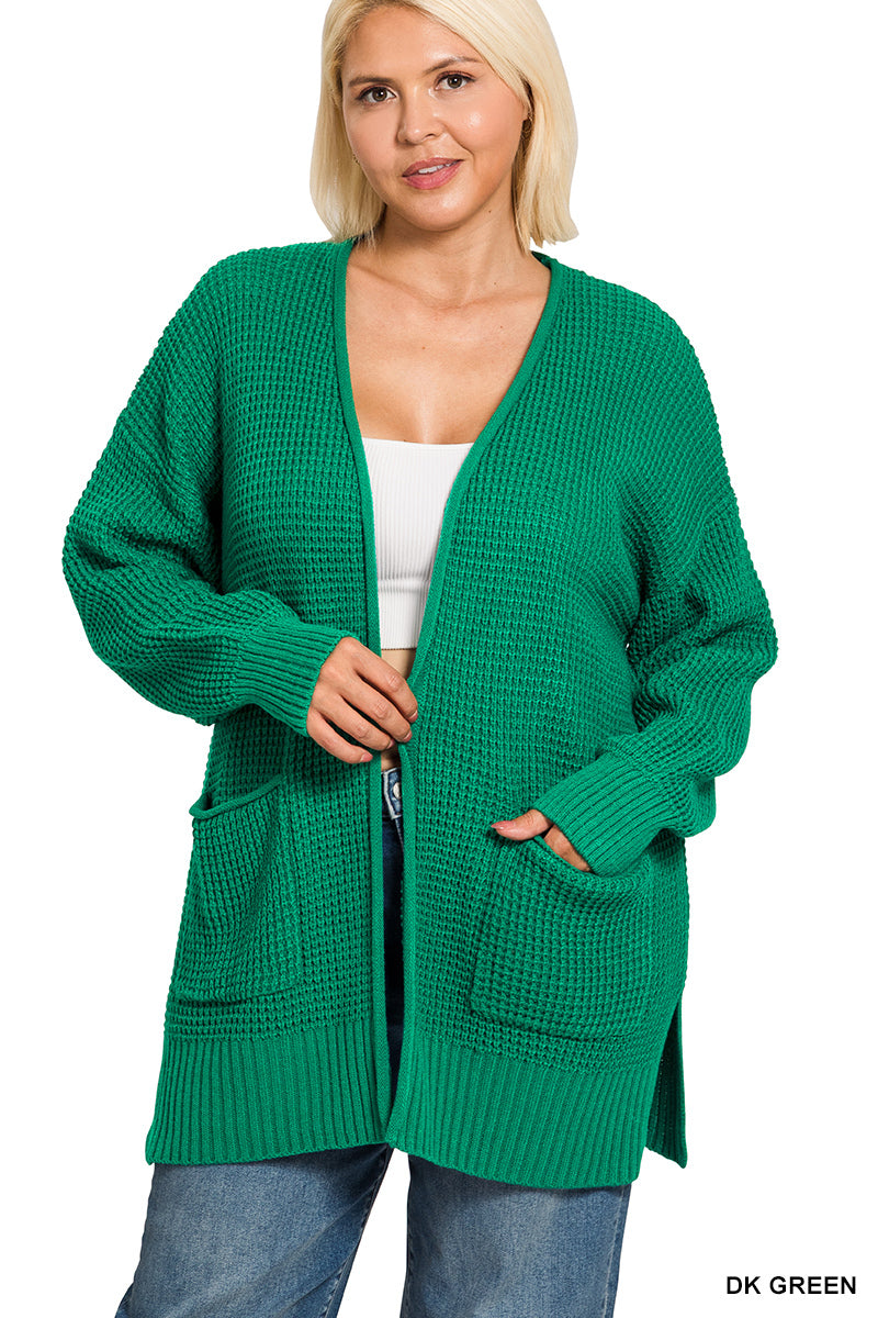 Plus low gauge waffle open cardigan sweater
