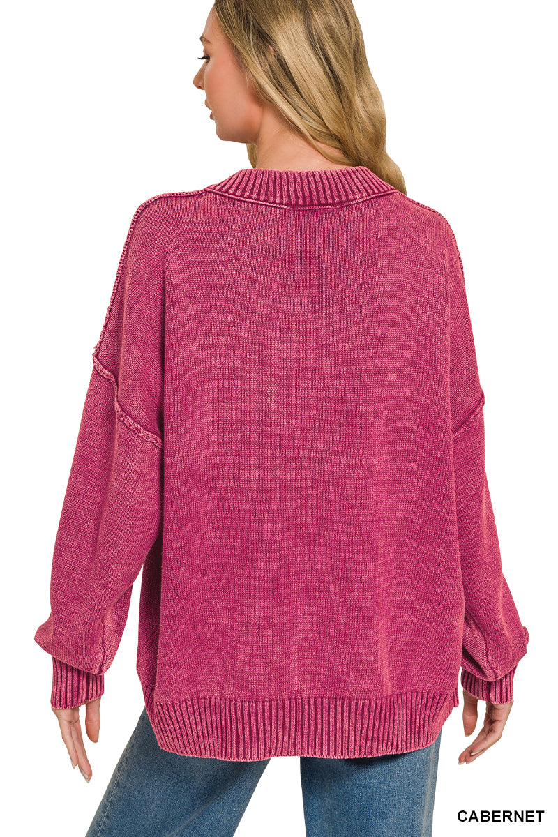 Washed deep v-neck oversized sweater