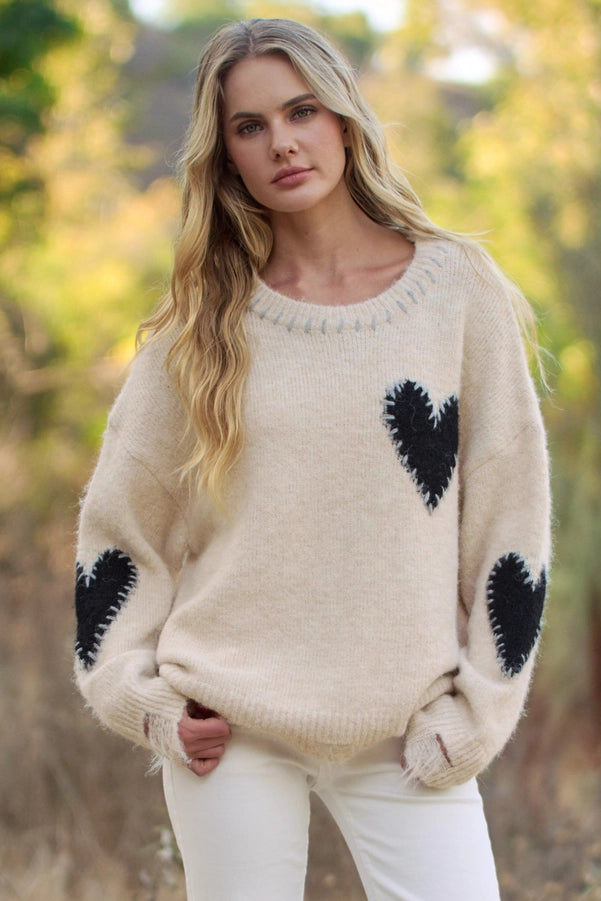 LONG SLEEVE HEART PATCH KNIT SWEATER
