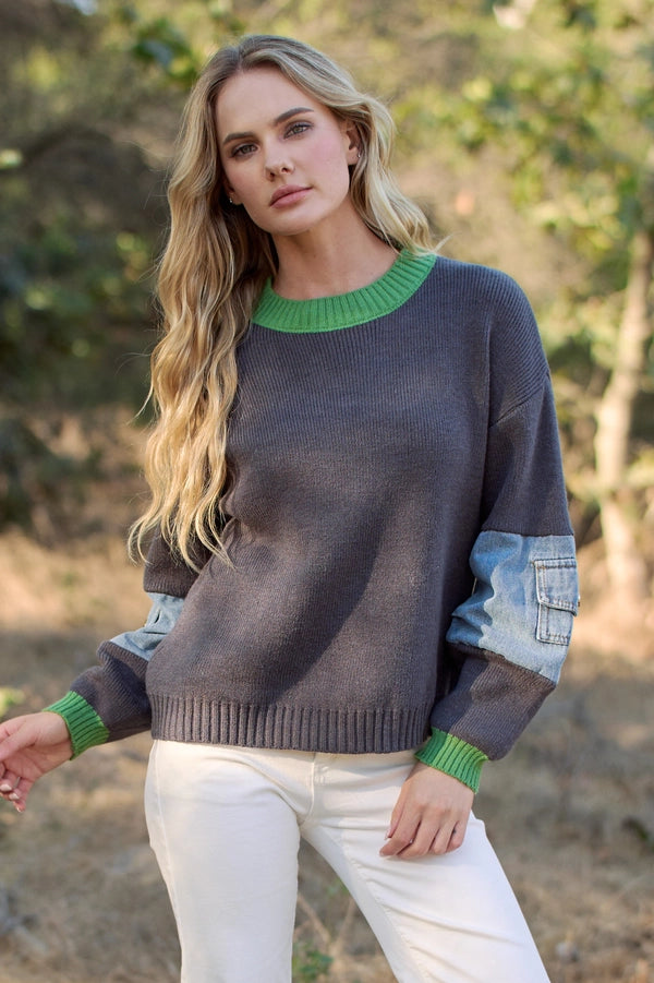 Knit Sweater Top with Denim Pockets