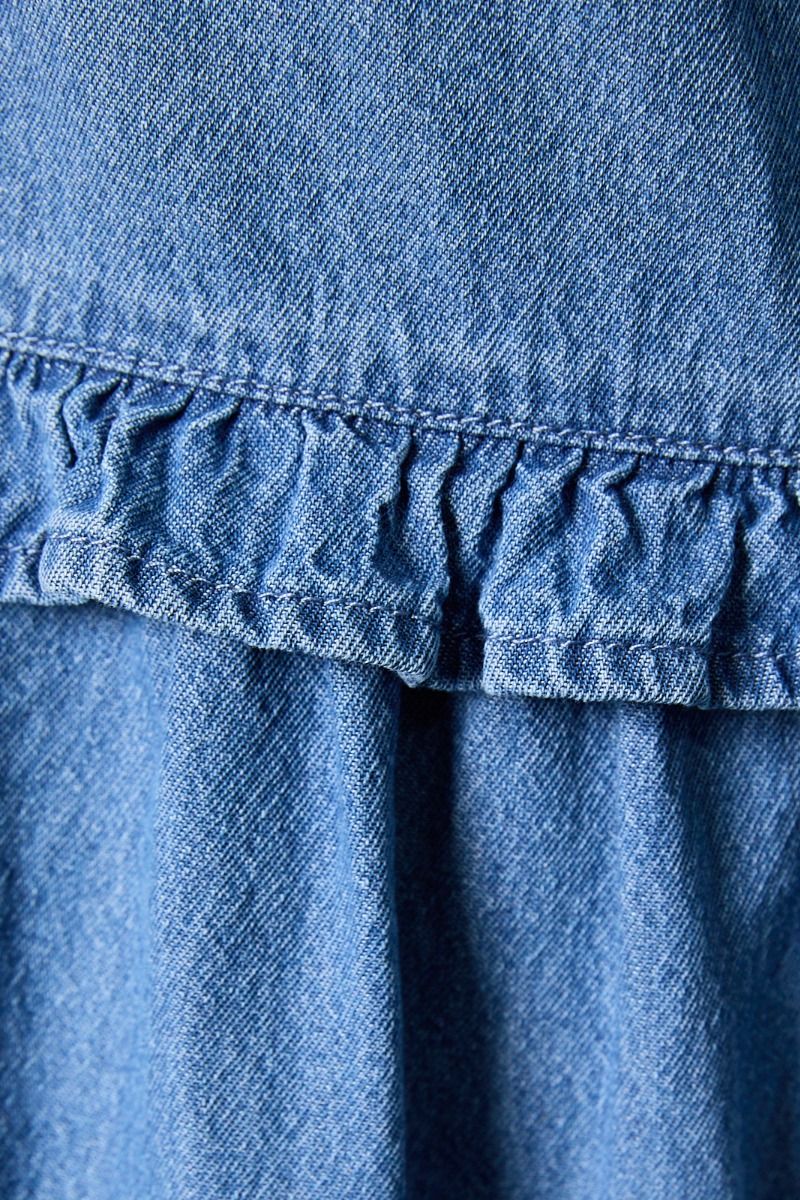SLEEVELESS RUFFLE DETAIL DENIM MINI DRESS