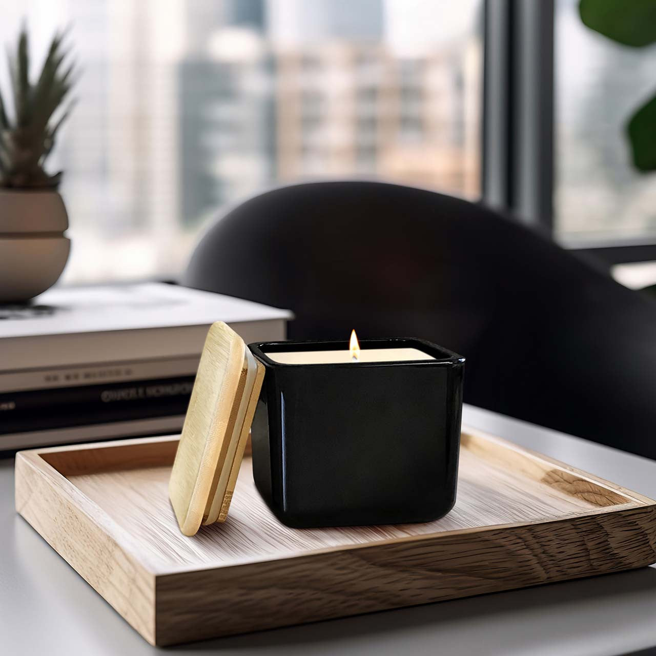 15oz soy in a black vessel with bamboo lid