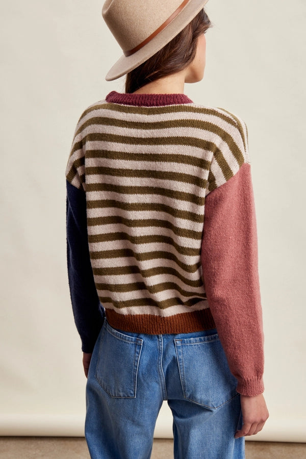 COLORBLOCK STRIPE KNIT SWEATER-OLIVE MULTI