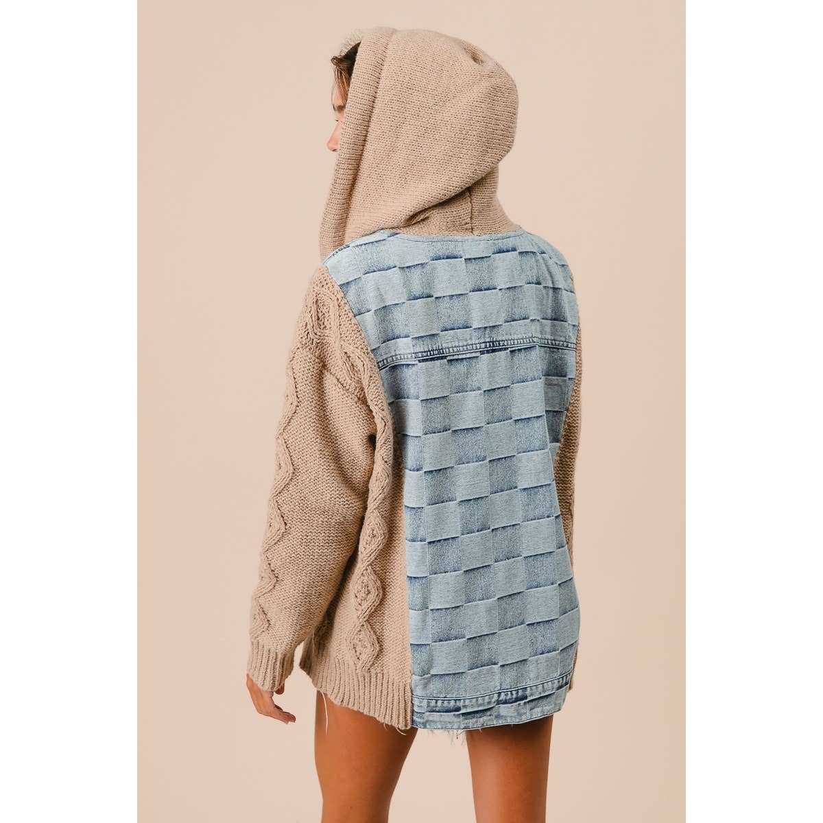 WASHED CHECKER DENIM AND SWEATER HOODED JACKET