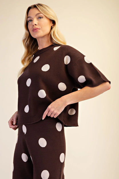 Polka Dot Sweater Round Neck Short Sleeve (brown)