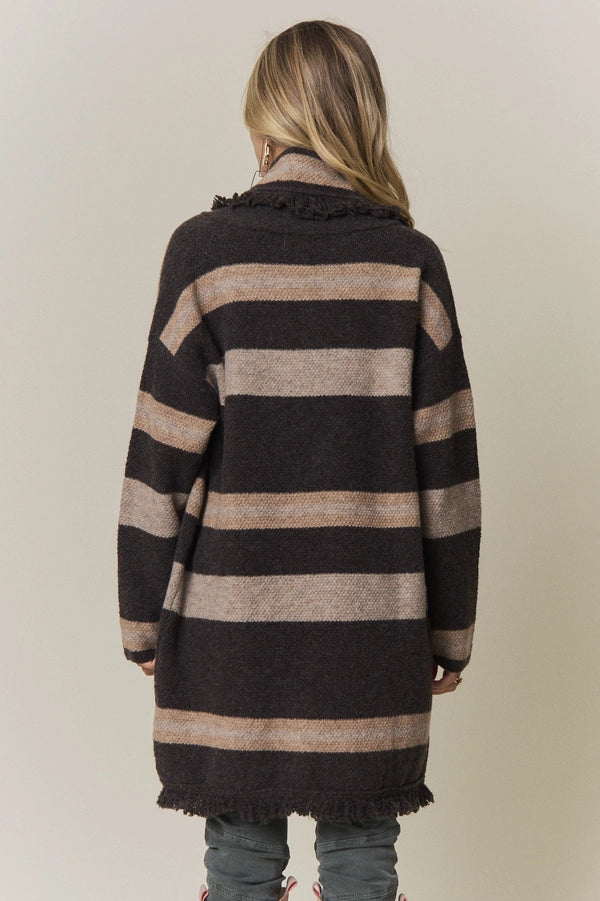 BOHO STRIPED FRINGE LONG CARDIGAN