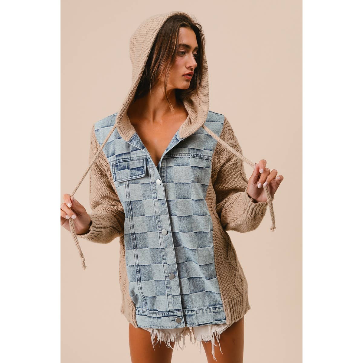 WASHED CHECKER DENIM AND SWEATER HOODED JACKET