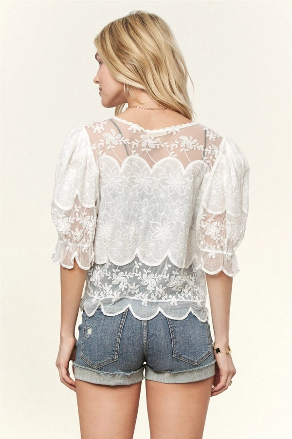 SHORT PUFF SLEEVE EMBROIDERED BLOUSE