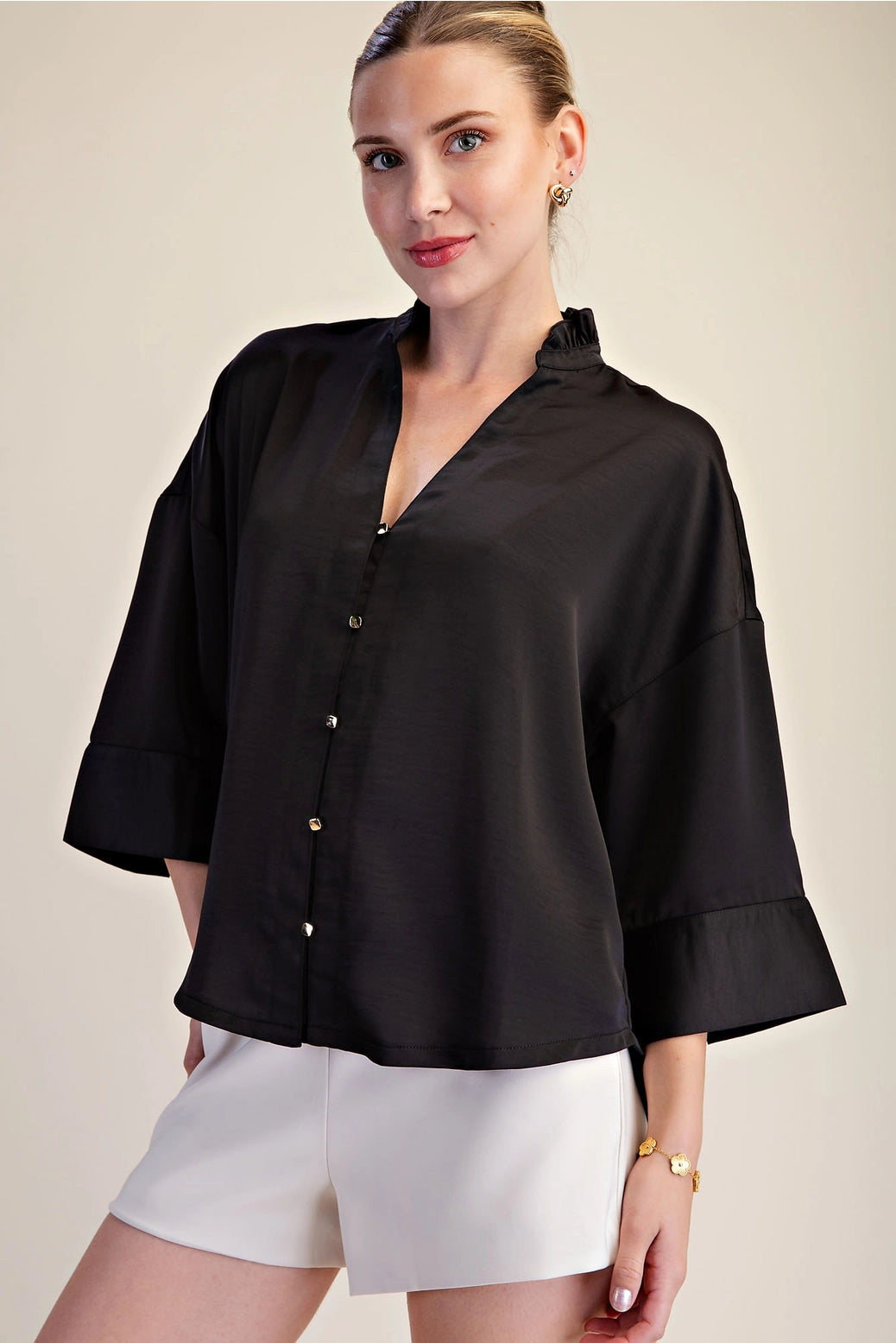 V-Neck Metal Button Down Shirt