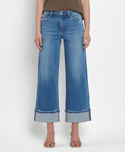 High Rise Medium Wash Cuffed Wide Jeans