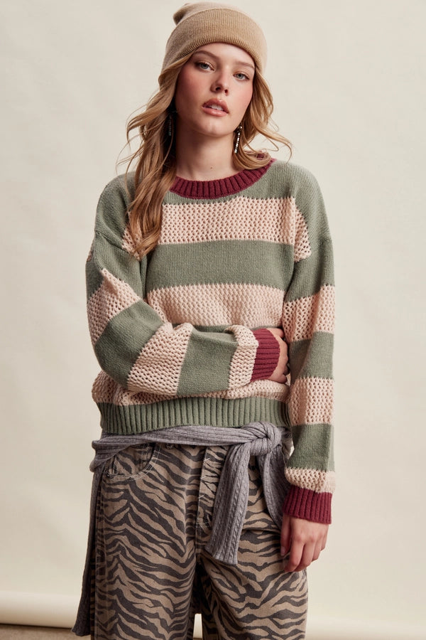 TEXTURED STRIPE KNIT SWEATER-GREEN