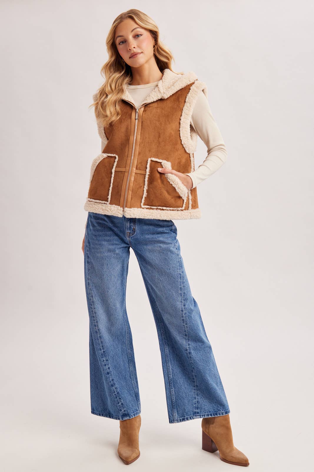 ZIPPER FRONT SHEARLING SUEDE HOODED VEST