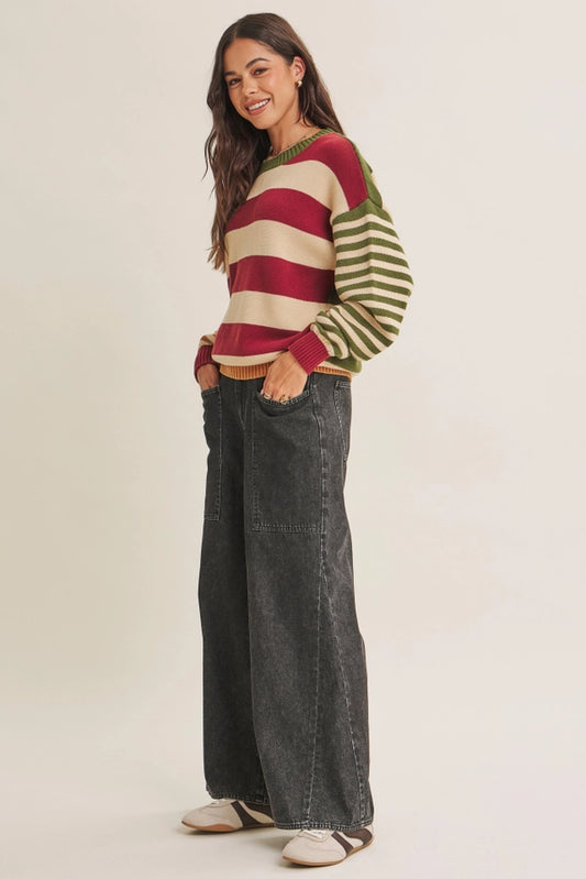 E9 Bold Heritage Inspired Color Block Cotton Sweater Top