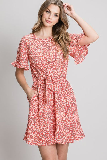 Woven Print Flutter Dress with Front Tie Detail