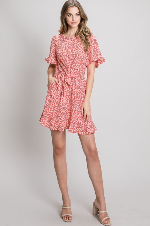 Woven Print Flutter Dress with Front Tie Detail