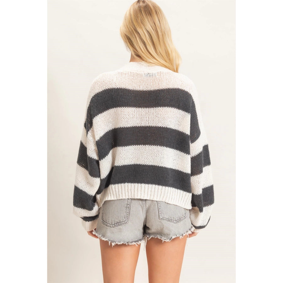 STRIPED V-NECK SWEATER CARDIGAN-CHARCOAL