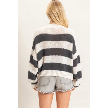 STRIPED V-NECK SWEATER CARDIGAN-CHARCOAL
