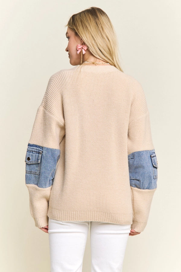 KNIT JACKET WITH DENIM POCKETS