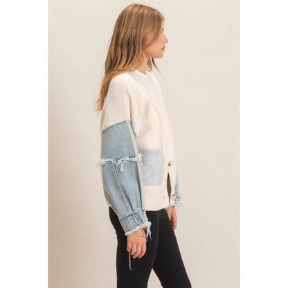 V-NECK CARDIGAN W DISTRESSED DENIM SLEEVES
