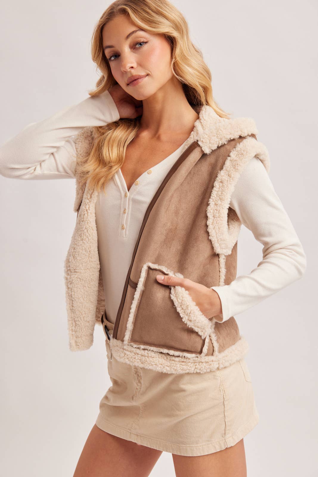 ZIPPER FRONT SHEARLING SUEDE HOODED VEST