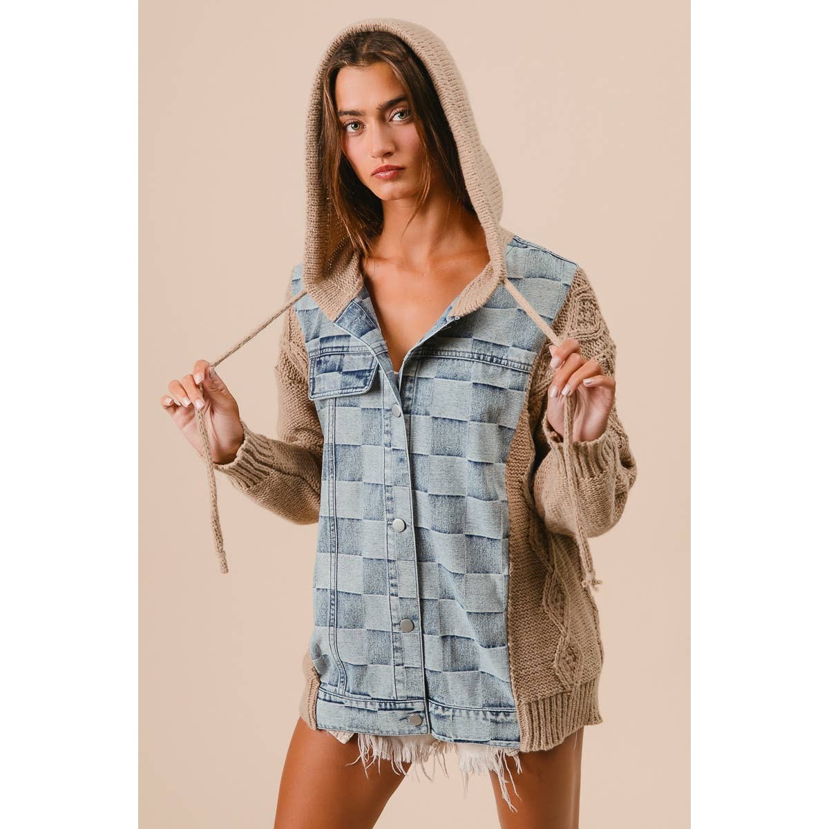 WASHED CHECKER DENIM AND SWEATER HOODED JACKET