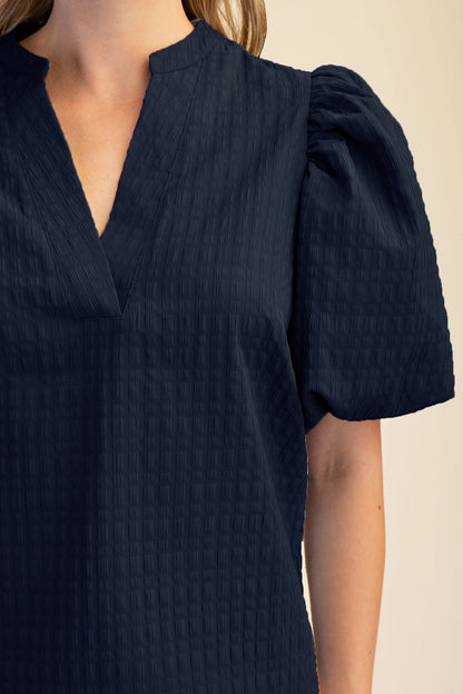 Puff Sleeve Top with V-Neck in Textured Fabric