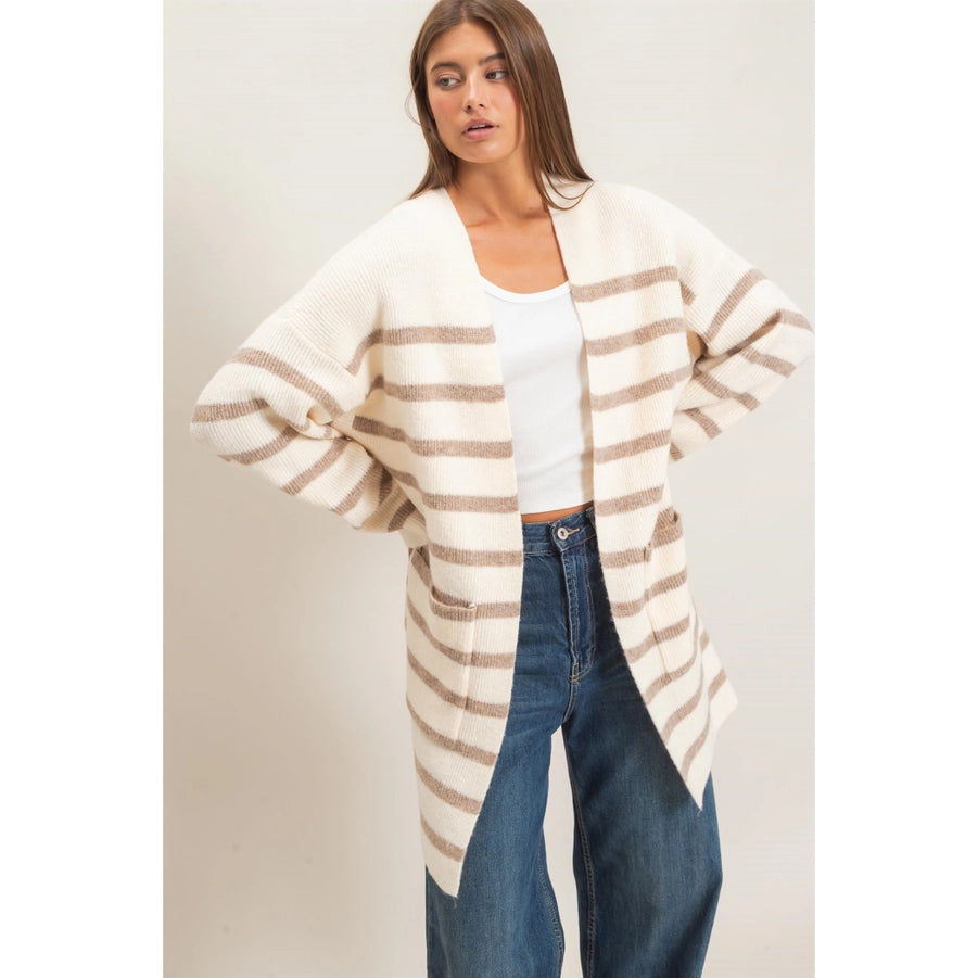 OPEN FRONT STRIPE CARDIGAN-SAND