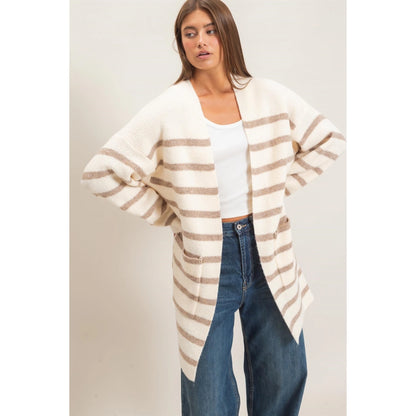 OPEN FRONT STRIPE CARDIGAN-SAND