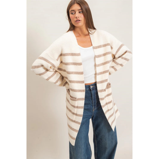 OPEN FRONT STRIPE CARDIGAN-SAND