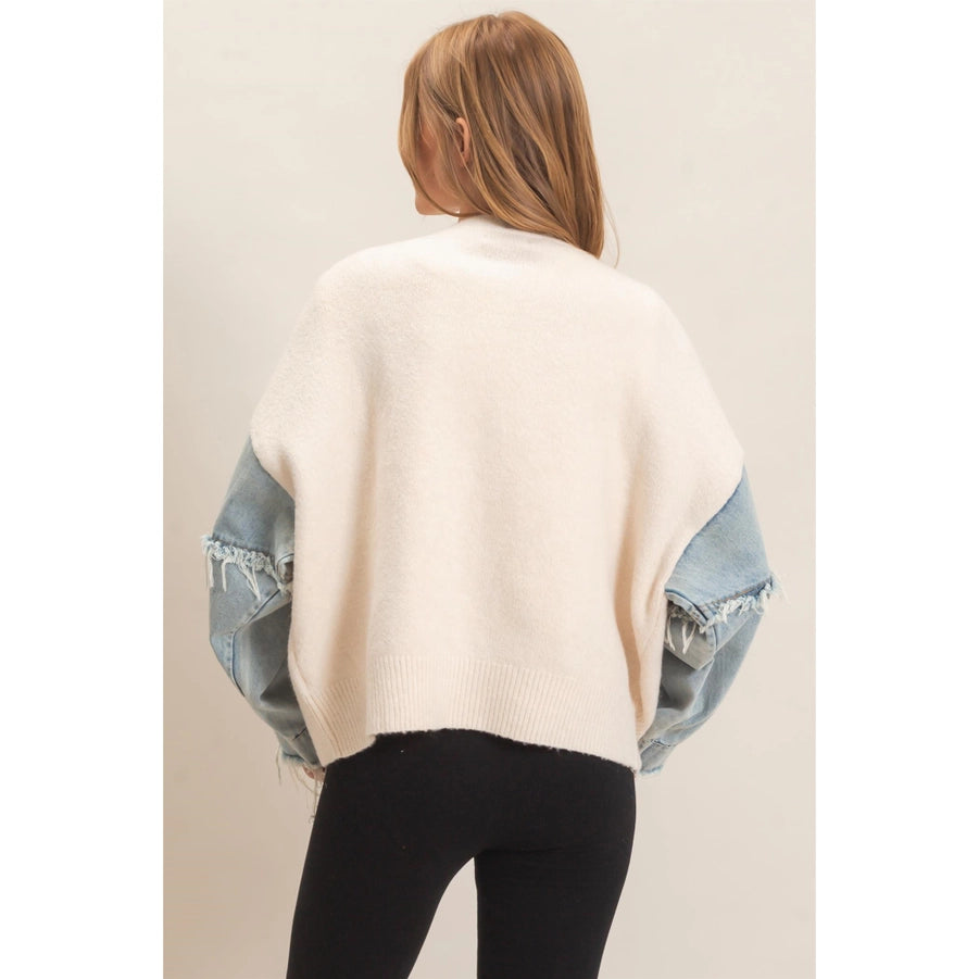 V-NECK CARDIGAN W DISTRESSED DENIM SLEEVES