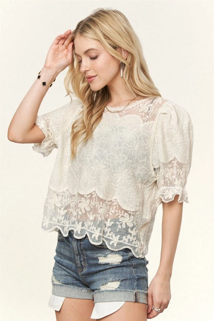 SHORT PUFF SLEEVE EMBROIDERED BLOUSE