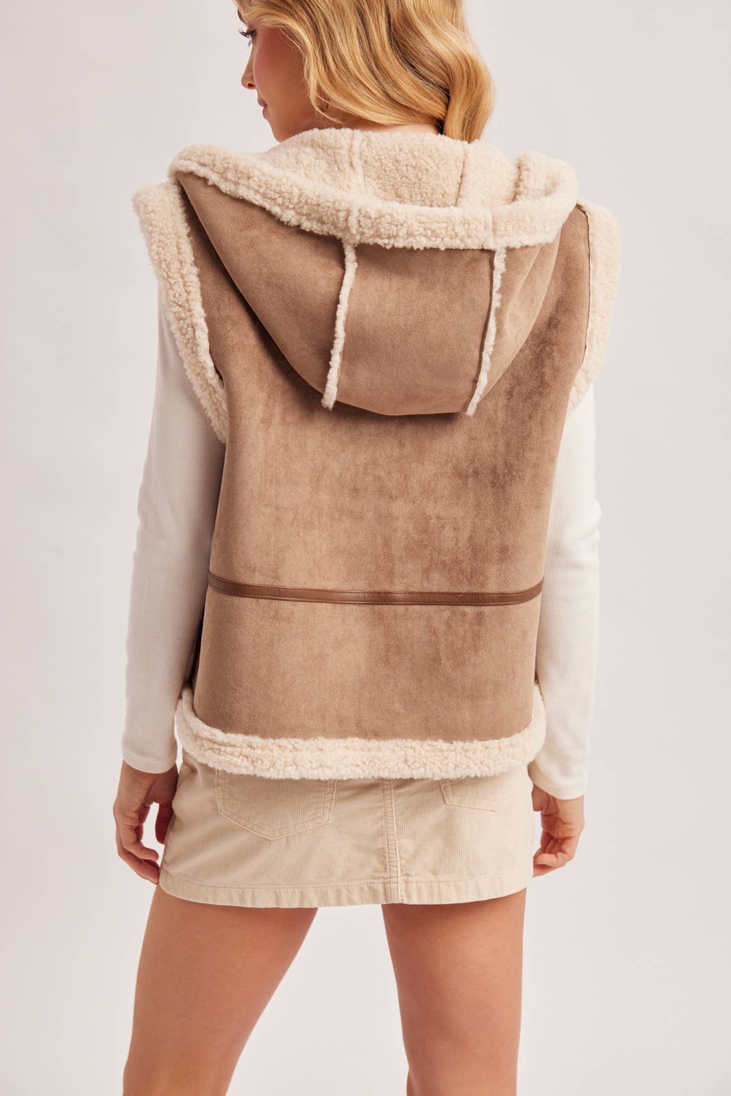 ZIPPER FRONT SHEARLING SUEDE HOODED VEST