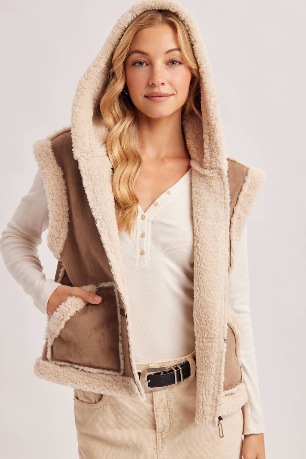 ZIPPER FRONT SHEARLING SUEDE HOODED VEST