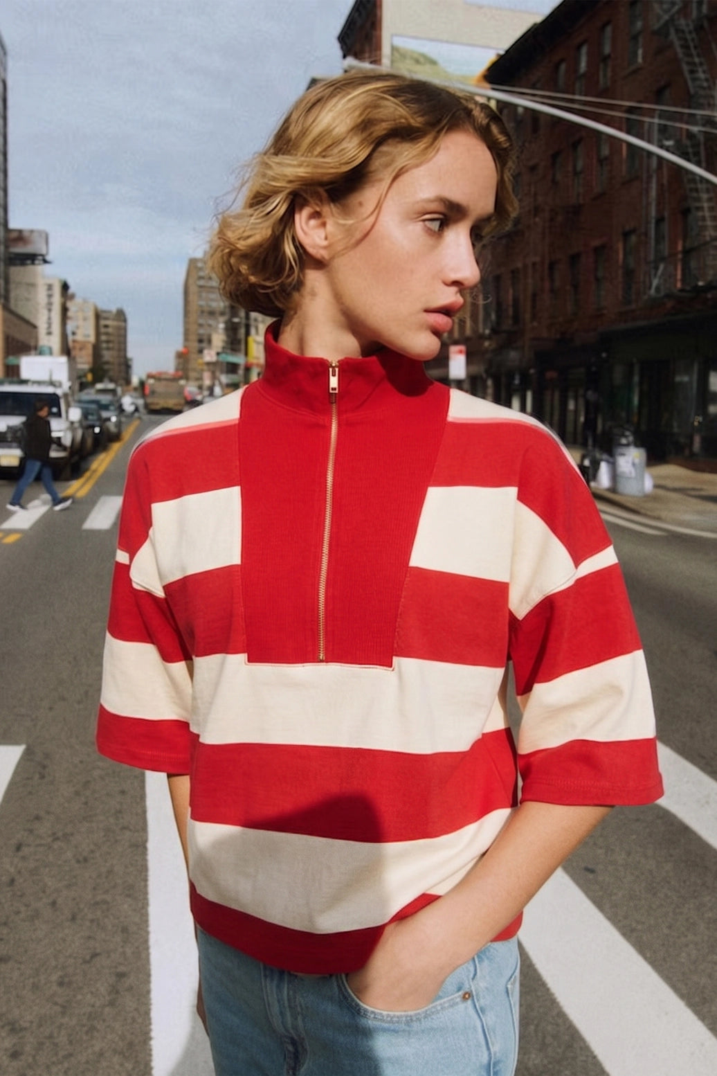 Front Zip Neck 3/4 Sleeve Pullover Stripe Top