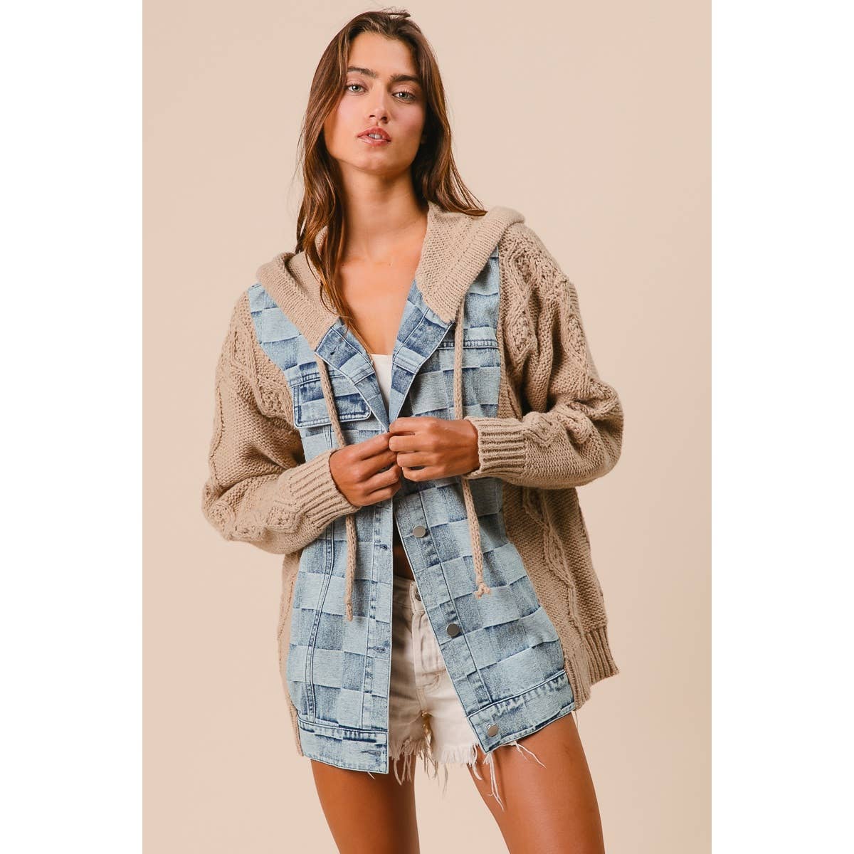 WASHED CHECKER DENIM AND SWEATER HOODED JACKET