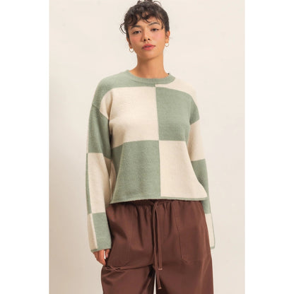 CREW NECK CHECKERED SWEATER-SAGE