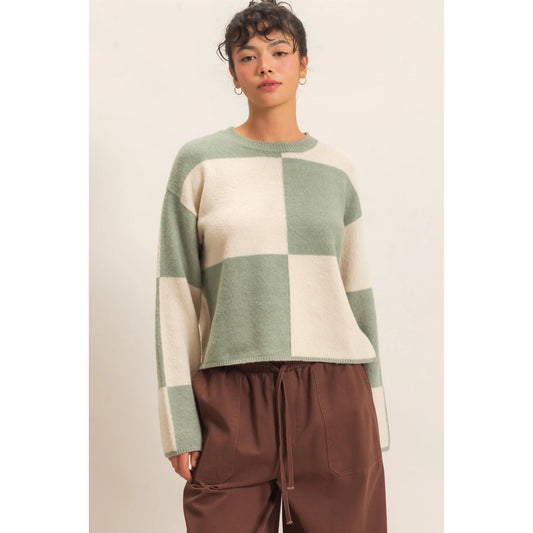 CREW NECK CHECKERED SWEATER-SAGE