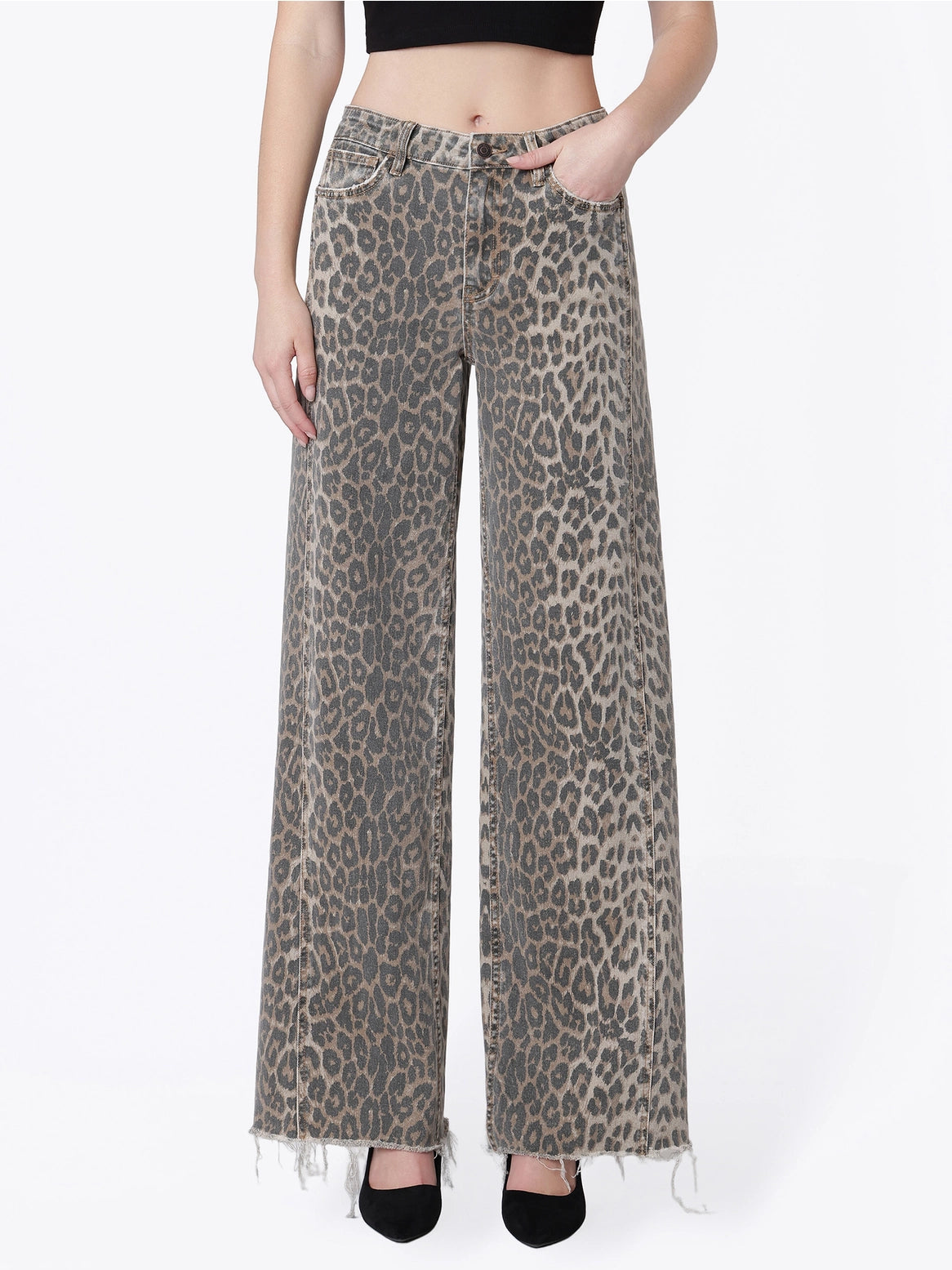 FLYING MONKEY HIGH RISE SIDE SEAM DETAIL LEOPARD WIDE LEG JEAN