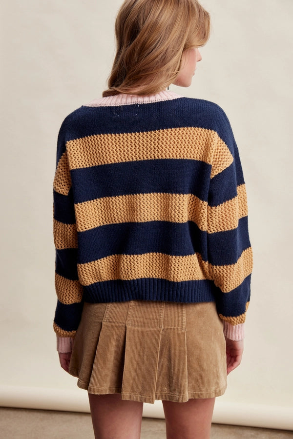 TEXTURED STRIPE KNIT SWEATER-NAVY