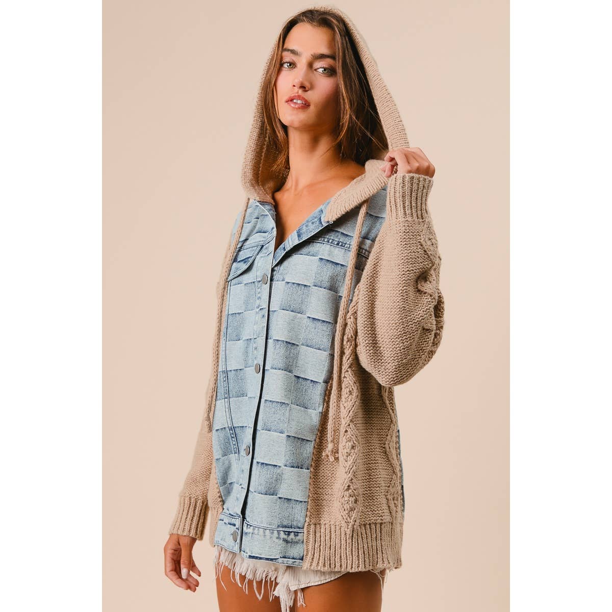 WASHED CHECKER DENIM AND SWEATER HOODED JACKET