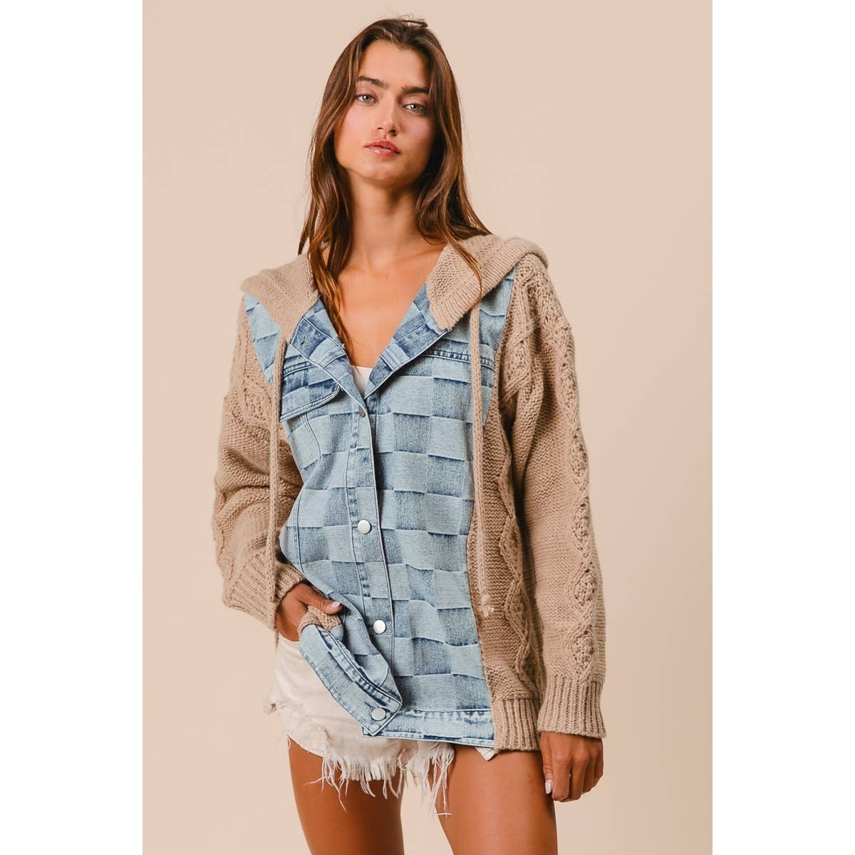 WASHED CHECKER DENIM AND SWEATER HOODED JACKET