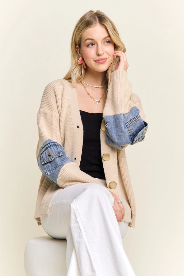 KNIT JACKET WITH DENIM POCKETS